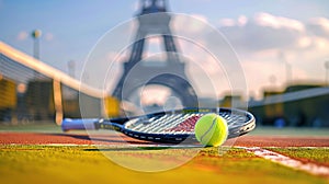 Tennis rackets and ball on court with Eiffel Tower in soft focus behind. Major sporting events, Olympics in Paris