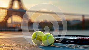 Tennis rackets and ball on court with Eiffel Tower in soft focus behind. Major sporting events, Olympics in Paris