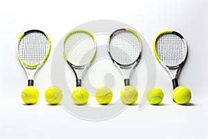 Tennis rackets and balls isolated on white background. Top view, Tennis balls on a rackets on different positions, white