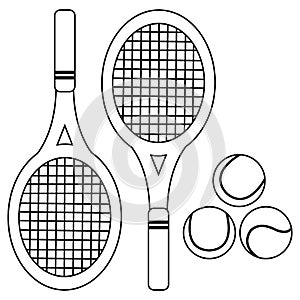 Tennis rackets and balls, isolated on white background. Vector black and white coloring page.