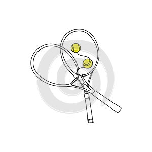 Tennis rackets and balls. One line art