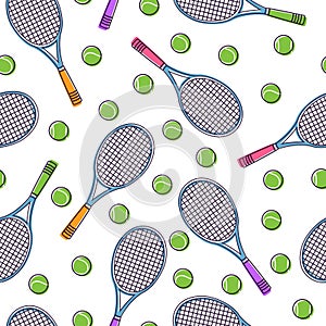 Tennis rackets and balls seamless pattern. Professional sports accessories, repeated elements, game equipment. Decor