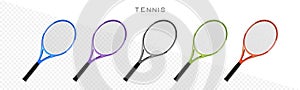Tennis rackets vector realistic illustration. Sports equipment icons. Badminton rackets set in different colors
