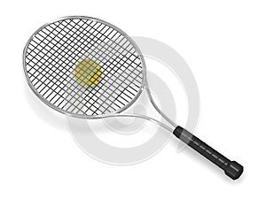 Tennis racquet on the ball 3d rendering