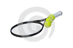 Tennis racquet and three balls isolated on white background