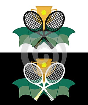 Tennis sport logo icon design badge template, design element with two rackets, prize cup and ball. Green, yellow, black and white