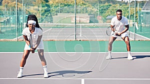 Tennis, sports and portrait of black couple on court for game, competition or match. Doubles partner, fitness and