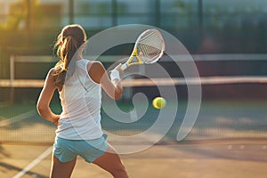 Tennis sportswoman training on court