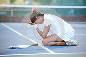 Tennis, stress and woman with depression on court after failure in match, game or competition. Mental health, anxiety