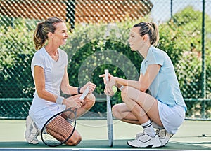 Tennis, teamwork and strategy with a woman doubles player talking to her partner on a sports court. Fitness, workout or