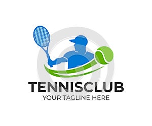Tennis and tennis player hits the ball with a tennis racket, logo template. Active sport and tennis tournament, championship, vect