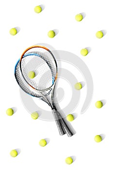 Tennis. Tennis rackets and balls the white background. Isolated. Sport