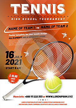 Tennis tournament poster template with racket and ball