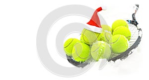 Tennis winter concept with tennis balls and racket on white snow, isolated. Top view, copy space.