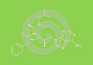 Tenofovir alafenamide antiviral drug molecule prodrug of tenofovir. Skeletal formula.