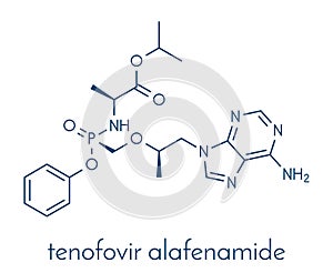 Tenofovir alafenamide antiviral drug molecule prodrug of tenofovir. Skeletal formula.