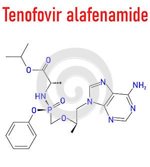 Tenofovir alafenamide antiviral drug molecule, prodrug of tenofovir. Skeletal formula.