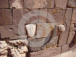 Tenon heads in ancient ruins of Tiwanaku Tiahuanaco in Bolivia.