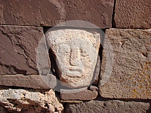 Tenon heads in ancient ruins of Tiwanaku Tiahuanaco in Bolivia.