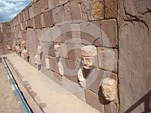 Tenon heads in ancient ruins of Tiwanaku Tiahuanaco in Bolivia.