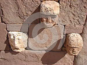 Tenon heads in ancient ruins of Tiwanaku Tiahuanaco in Bolivia.