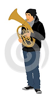 Tenor horn player illustration. Music artist. Jazz man saxhorn. Bugler street performer. Musician play trumpet.