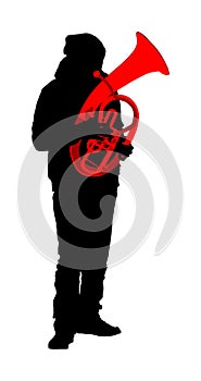 Tenor horn player silhouette. Music man play wind instrument. Music artist. Jazz man saxhorn.