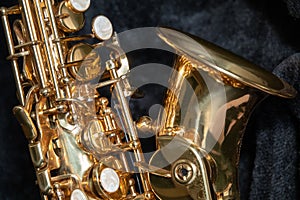 Tenor sax golden saxophone macro with selective focus on black