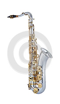 Gold Silver Tenor Saxophone, Sax Woodwind Music Instrument Isolated on White background