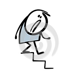 The tense stickman carefully descends down the stairs. Vector illustration of a cartoon man afraid to fall.