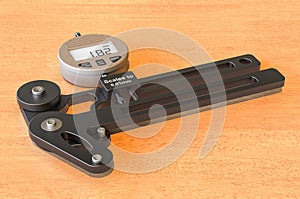 Tension Meter Analogous on the wooden table. 3D rendering