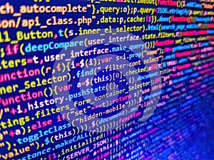 Tensorflow AI concept. HTML5 in editor for website development. Future technology creation process. Modern web development