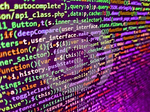 Tensorflow AI concept. HTML5 in editor for website development. Future technology creation process. Modern web development