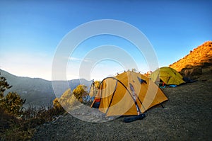 Tent on base camp jalur senaru, lombok indonesia. photo