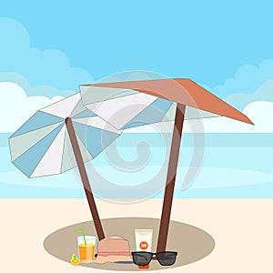 Tent on a beach with hat lime and sun glasses