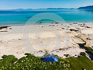 Tent on beach, Lofoten islands, Norway