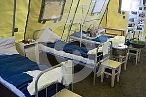 A tent camp from the inside, a military hospital wartime reenactment