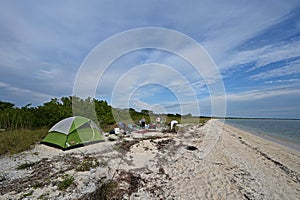 Tent camp on Middle Cape Sable in Everglades National Park, Florida.