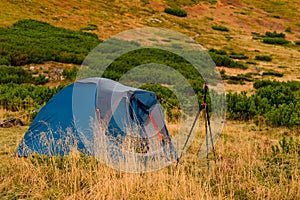 Tent camp near Lake Nesamovyto, morning in a camp town in the mountains.