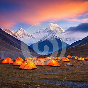 Tent camp and orange tents on the plateau of a mountain the point of acclimatization of climbers before a