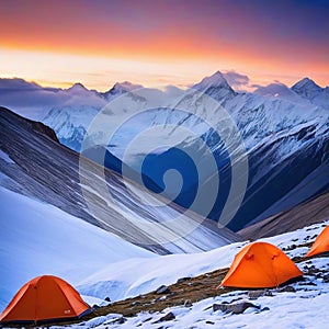 Tent camp and orange tents on the plateau of a mountain the point of acclimatization of climbers before a