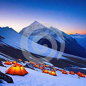 Tent camp and orange tents on the plateau of a mountain the point of acclimatization of climbers before a