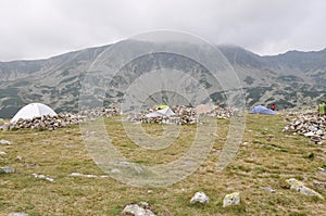 Tent camped near Lake Bucura, Retezat massif, Romania.
