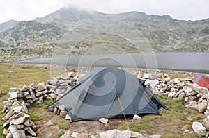 Tent camped near Lake Bucura, Retezat massif, Romania.