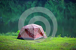 Tent camper set up in wilderness