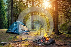 Tent and campfire in the forest. Outdoor activities concept