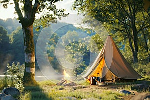 Tent and campfire in the woods by a lake. Concept of outdoor activities