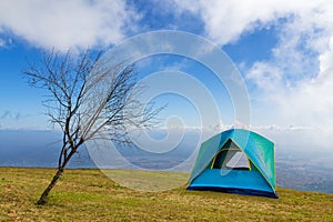 Tent camping with blue sky in morning time