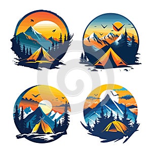 Tent camping forest mountain landscape tourist vector round concepts. Outdoor activity wild nature exploration colorful