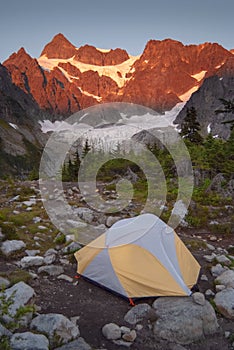 Tent Camping at Lake Ann and Curtis Glacier at the Foot of the Imposing Mount Shuksan.